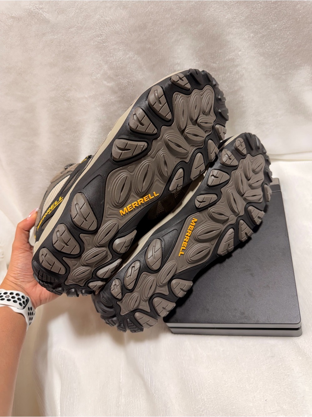 Merrell Men's Hiking Boots in Taupe, Black & Yellow Accents - Picture 7 of 13